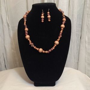 Elegant Wood Pink/Black Stone Earrings & Necklace
